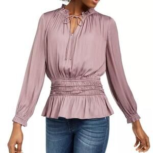 CURRENT AIR Shirred-Waist Split-Neck Top Smocked Dusty Purple Lavender - Sz XS